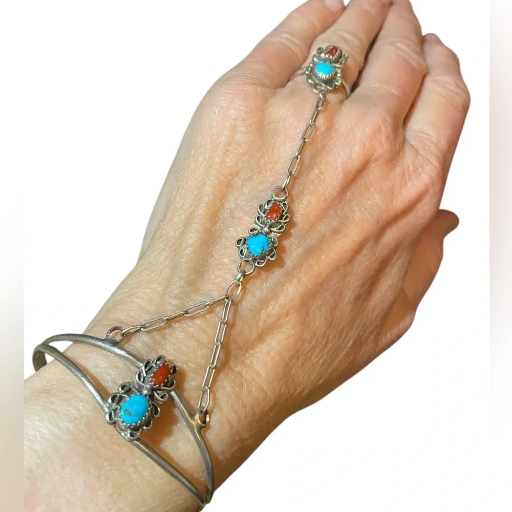 Vintage Navajo sterling silver coral turquoise slave bracelet Sz 5.25 ring Sz 6 - Picture 2 of 7